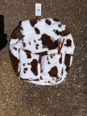 Justice Brown and White Cow Print Faux Fur Backpack Bag. NWT